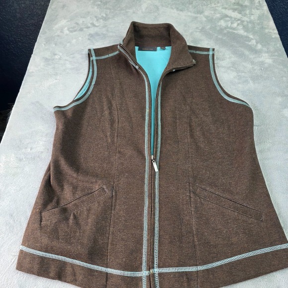 Amber Sun Sweaters - Amber Sun Brown Full Zip Vest W/ Turquoise Contrast Stitching- Women's Sz Sm